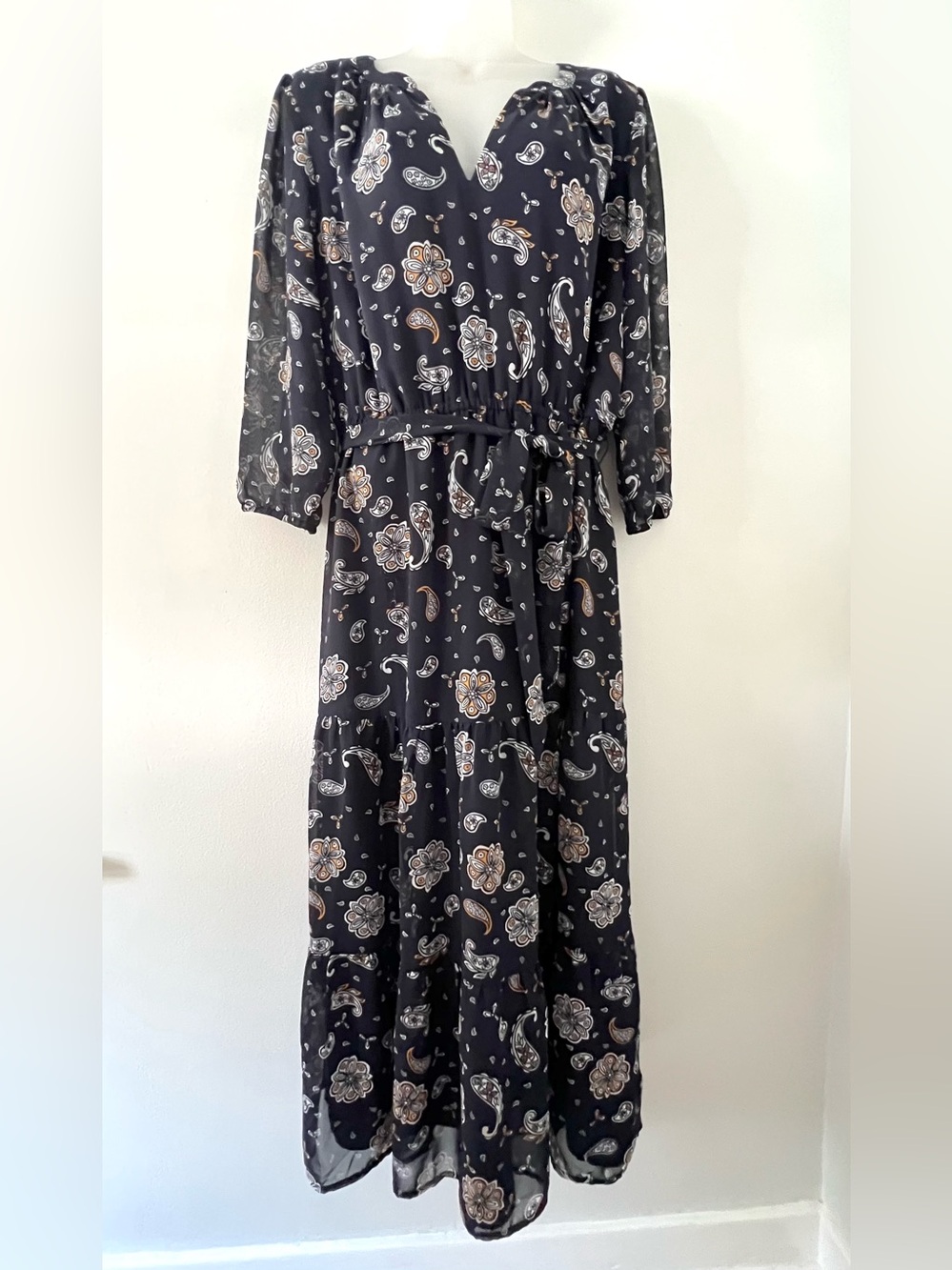 LOFT Navy Blue Paisley & Floral Tie-Waist Tiered Maxi Dress